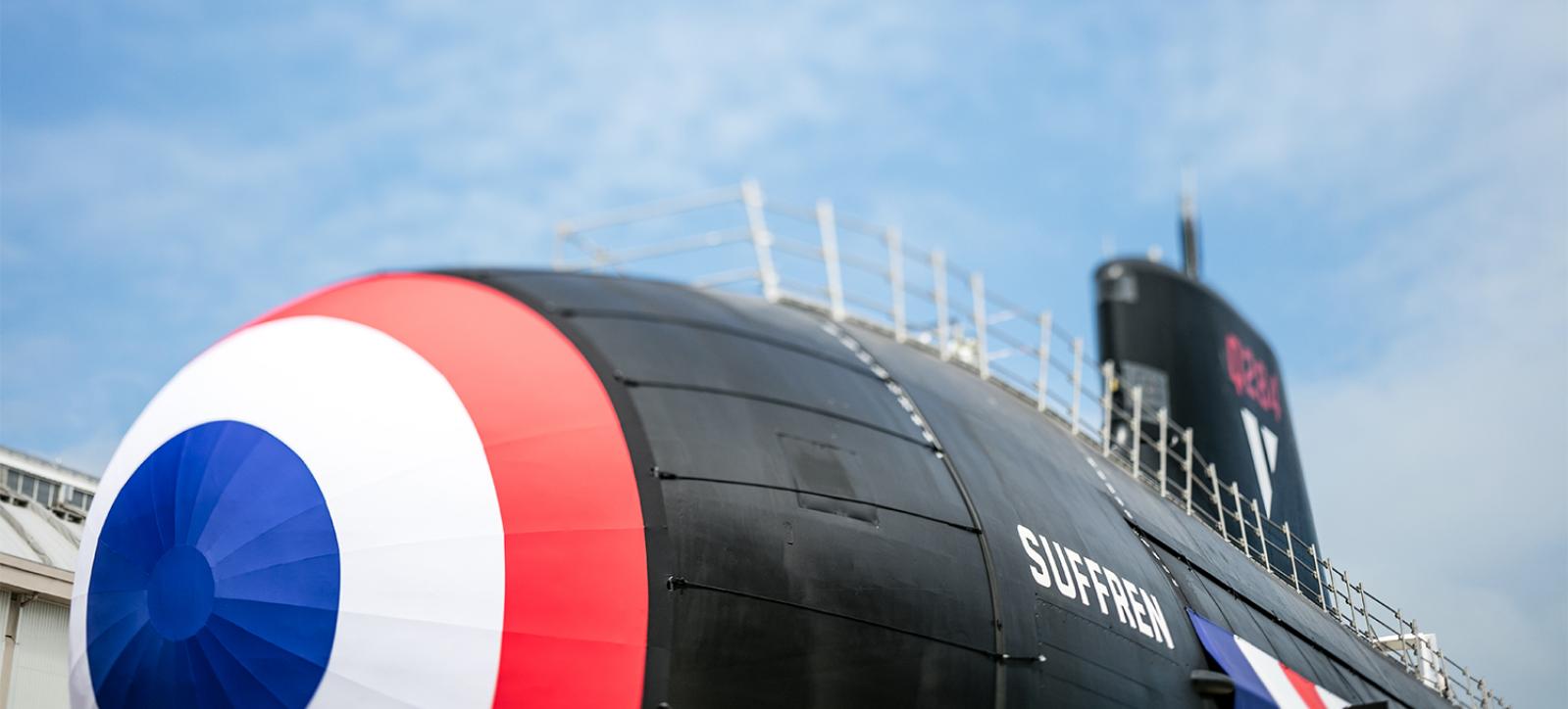 The Suffren ship subsurface nuclear (SSN) submarine during its launch on the launching facility